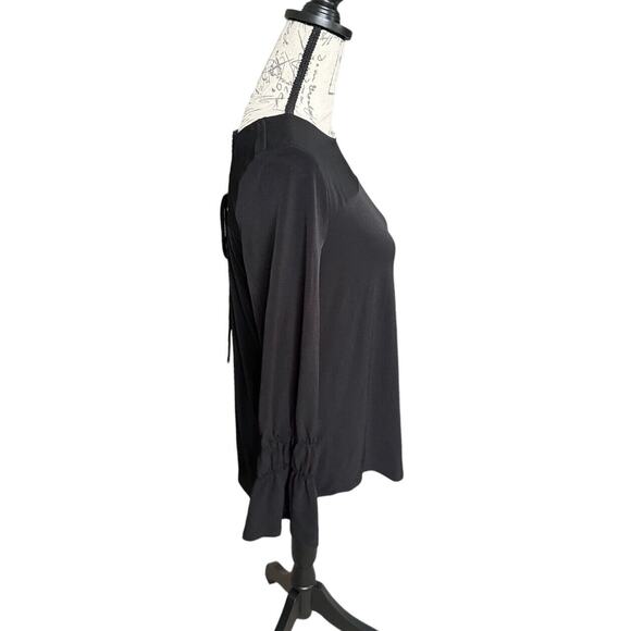 Chico's Long Sleeve Slinky Lattice Back Black Blouse Shirt Top Size 0 Small - Picture 2 of 7